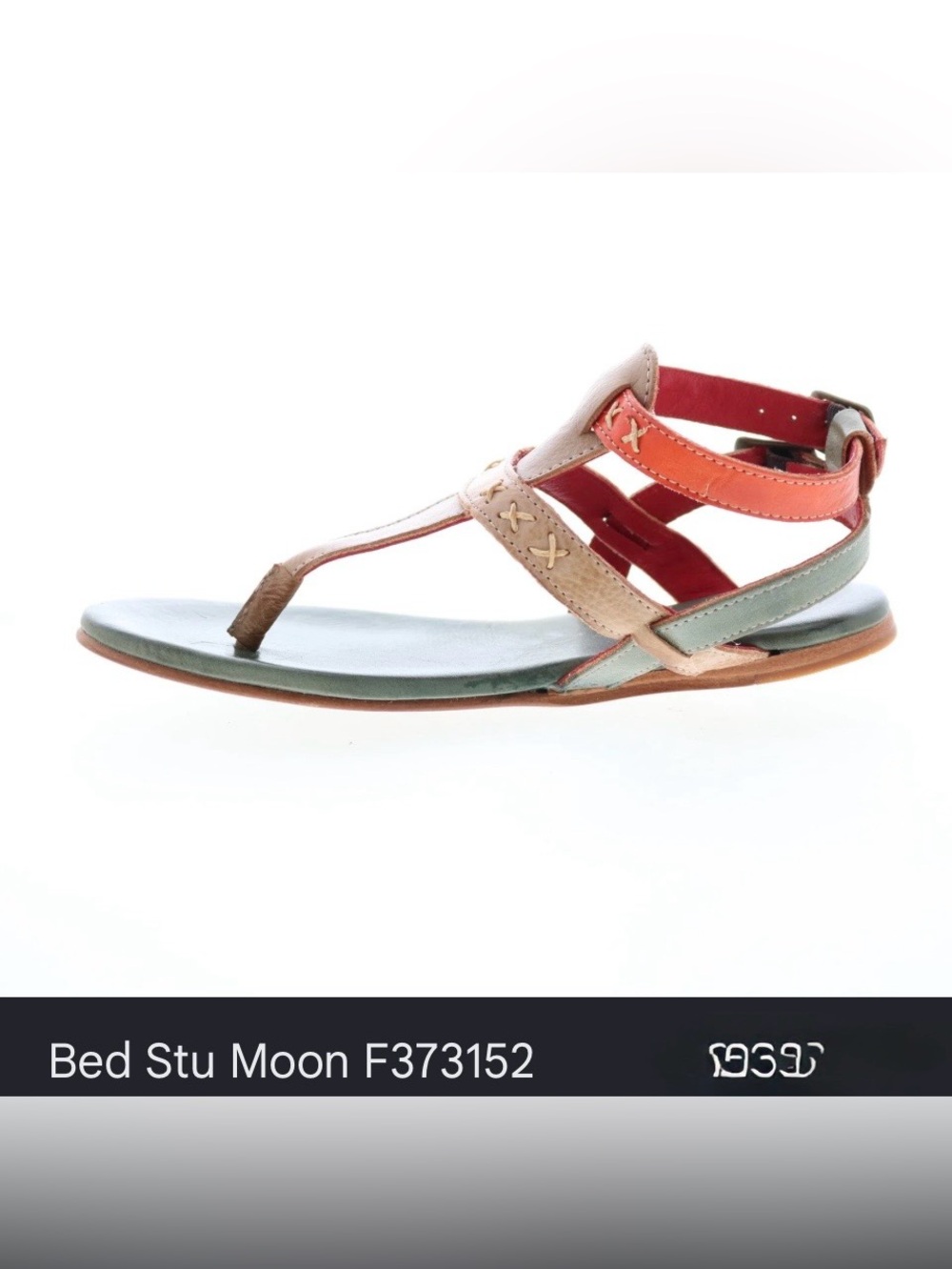 BED|STU Multicolor Leather T-Strap Sandal in Coral, Sage & Tan